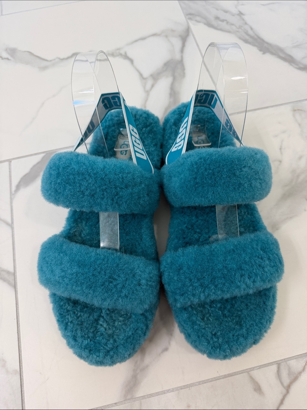 UGG Oh Yeah Teal Shearling Double-Strap Slide Sandals
